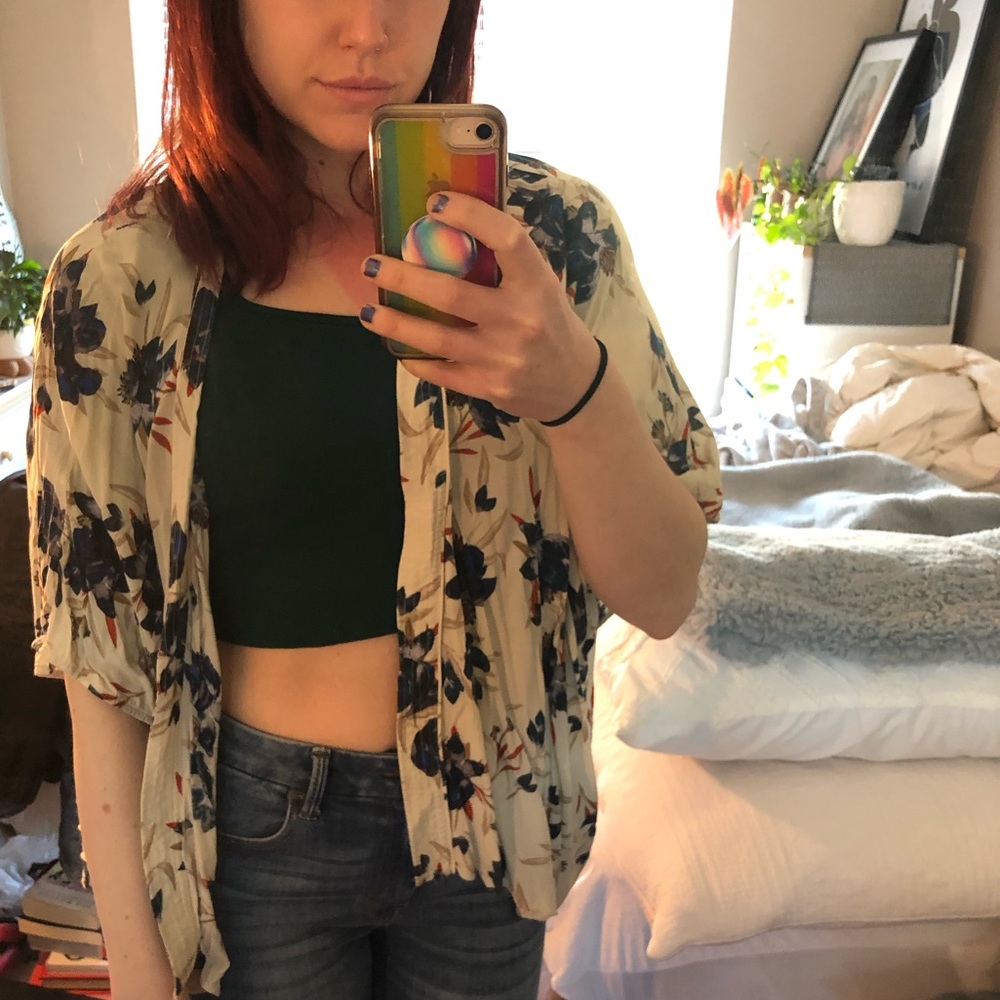 Aritzia Talula cream, orange and blue floral kimono